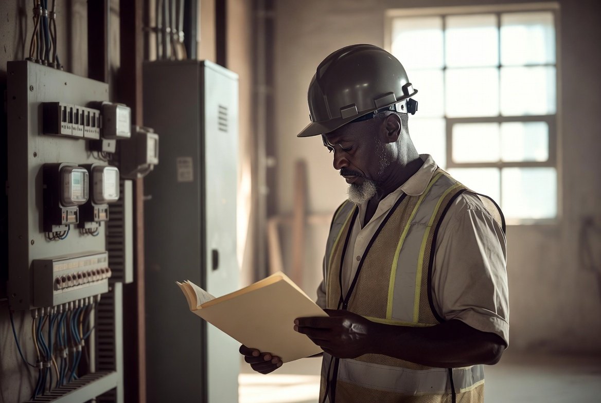 Texas electrician reviewing reinstatement paperwork at a job site