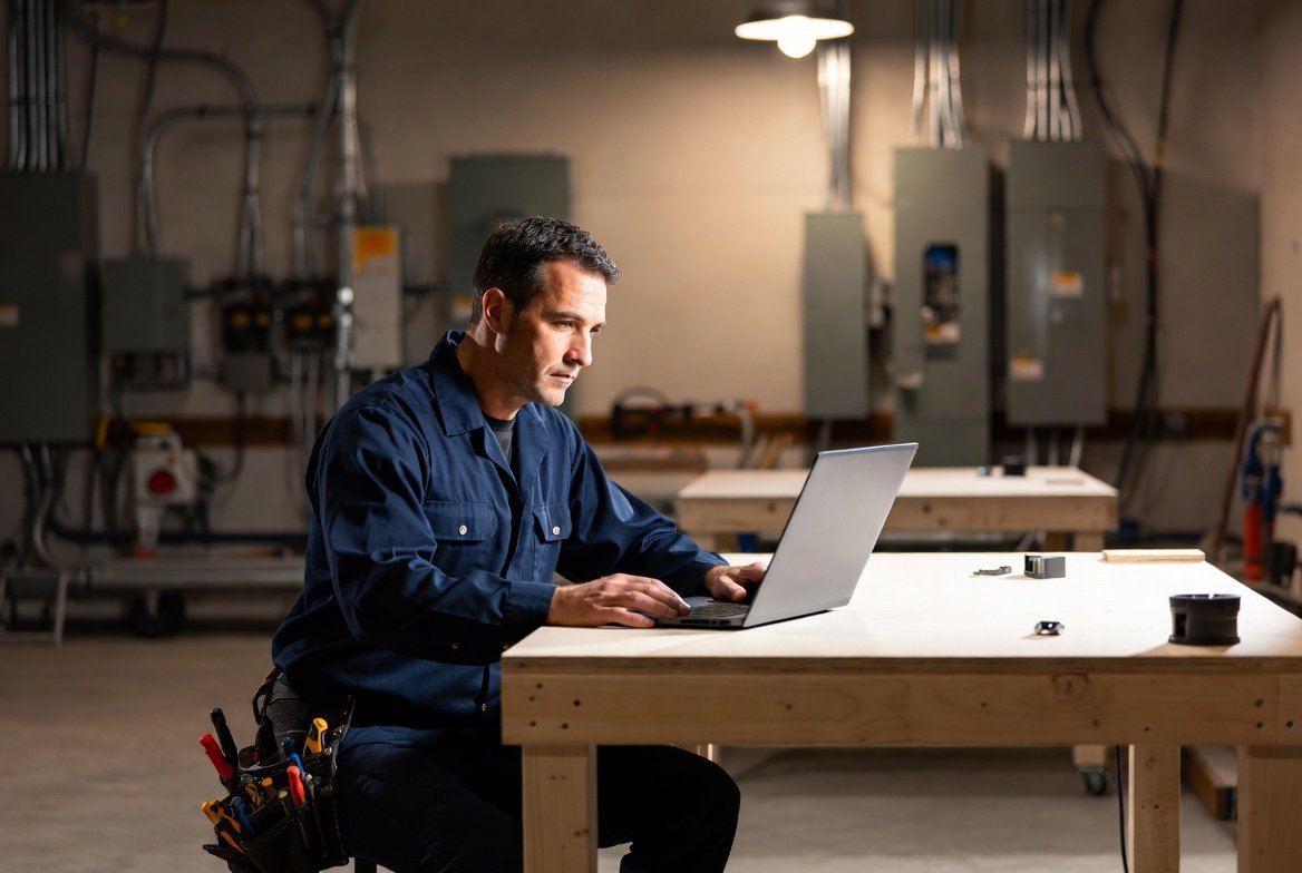 Texas electrician completing online license renewal on a laptop at a job site