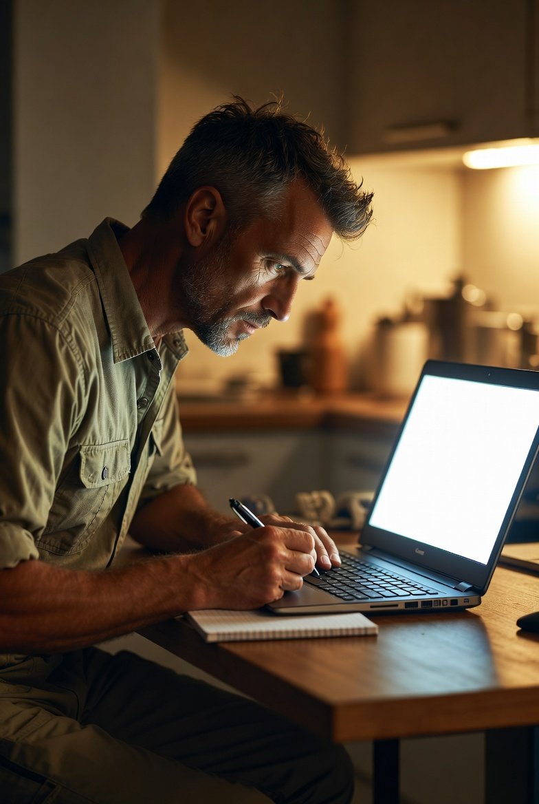 Electrician studying continuing education course material on a laptop at home