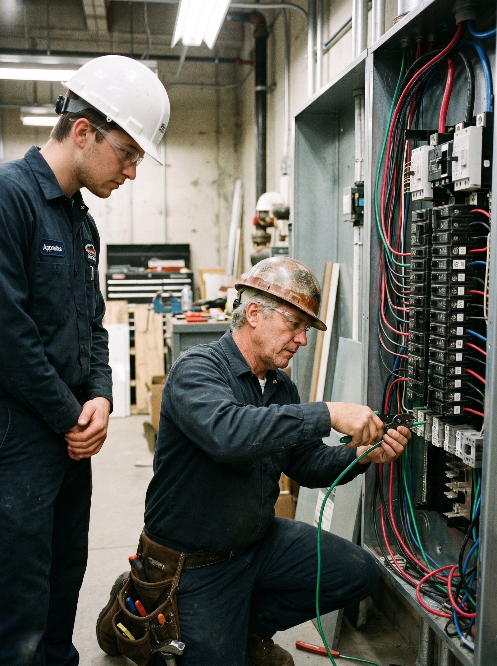 master electrician overseeing team at commercial job site