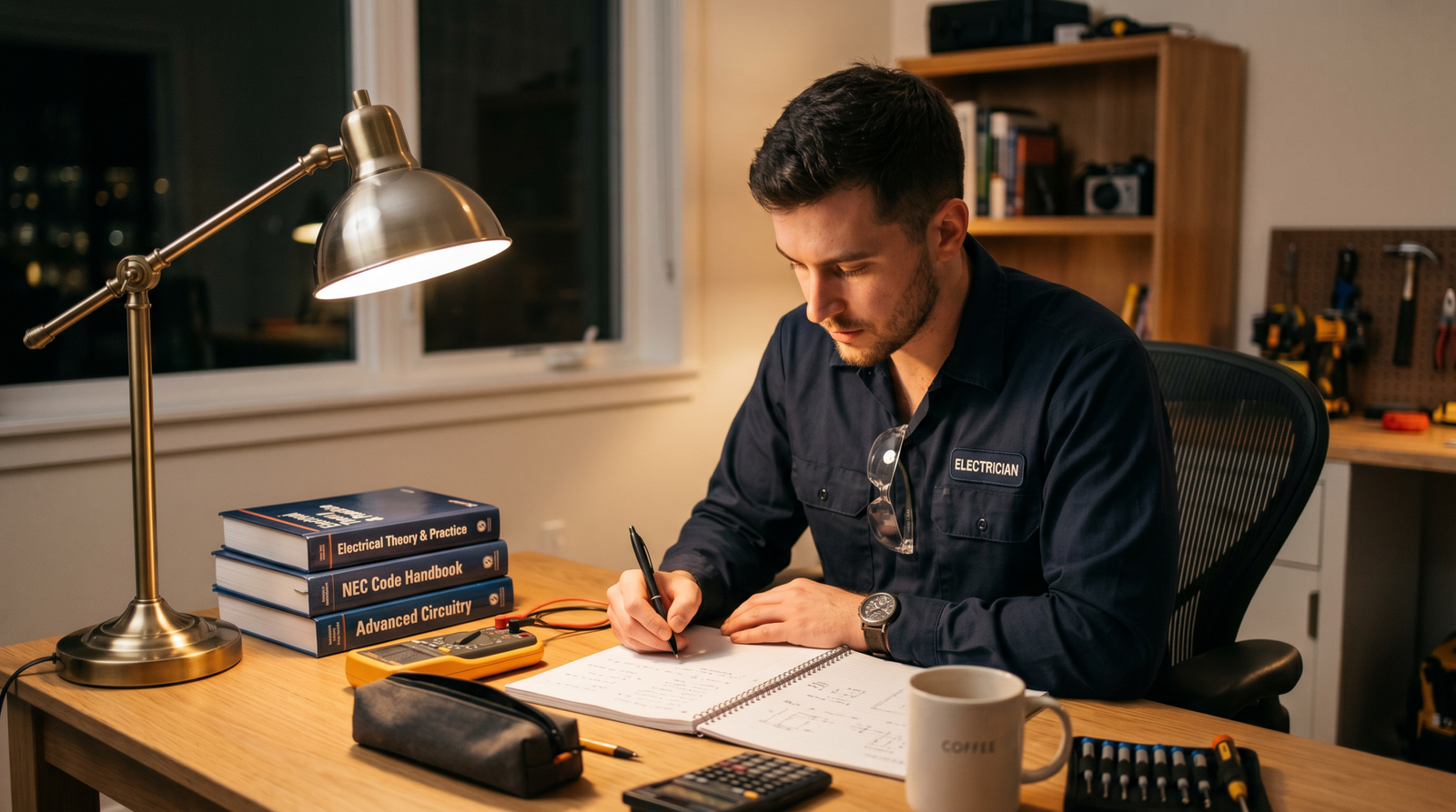 master electrician exam — electrician studying NEC code book at desk
